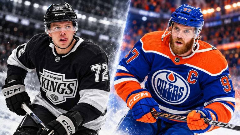 Split image of Connor McDavid in his Edmonton Oilers jersey and Artemi Panarin in his Los Angeles Kings jersey ahead of their October 13, 2026 NHL matchup.