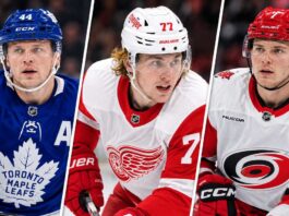 Morgan Rielly of the Toronto Maple Leafs, Simon Edvinsson of the Detroit Red Wings, and Alexander Nikishin of the Carolina Hurricanes featured in NHL trade rumors involving Toronto's search for defensive upgrades.