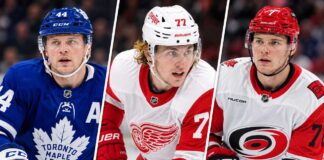 Morgan Rielly of the Toronto Maple Leafs, Simon Edvinsson of the Detroit Red Wings, and Alexander Nikishin of the Carolina Hurricanes featured in NHL trade rumors involving Toronto's search for defensive upgrades.