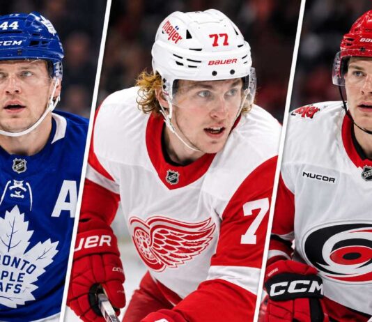 Morgan Rielly of the Toronto Maple Leafs, Simon Edvinsson of the Detroit Red Wings, and Alexander Nikishin of the Carolina Hurricanes featured in NHL trade rumors involving Toronto's search for defensive upgrades.