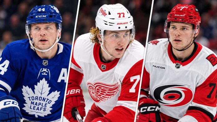 morgan-rielly-toronto-maple-leafs-trade-rumors-2026 Morgan Rielly of the Toronto Maple Leafs, Simon Edvinsson of the Detroit Red Wings, and Alexander Nikishin of the Carolina Hurricanes featured in NHL trade rumors involving Toronto's search for defensive upgrades.