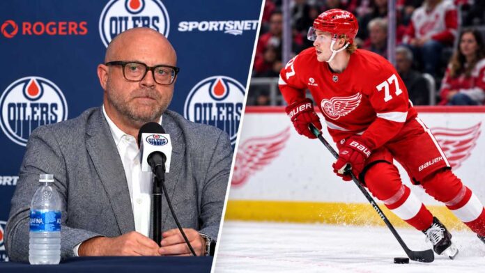 nhl-news-rumors-edvinsson-oilers-barkov-october-4-2026 Edmonton Oilers GM Stan Bowman and Detroit Red Wings defenseman Simon Edvinsson featured in NHL trade rumors.