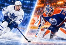 Max Domi of the Toronto Maple Leafs and Connor Hellebuyck in Edmonton Oilers gear as Leafs salary cap news and Hellebuyck trade rumors headline October 1, 2026.