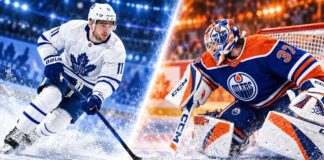 Max Domi of the Toronto Maple Leafs and Connor Hellebuyck in Edmonton Oilers gear as Leafs salary cap news and Hellebuyck trade rumors headline October 1, 2026.
