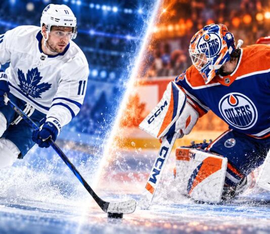 Max Domi of the Toronto Maple Leafs and Connor Hellebuyck in Edmonton Oilers gear as Leafs salary cap news and Hellebuyck trade rumors headline October 1, 2026.