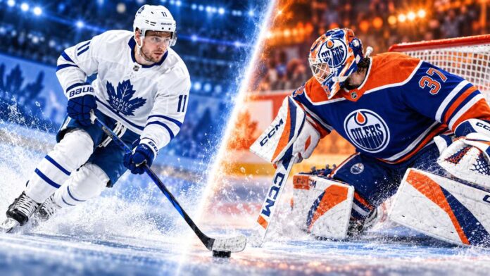 Max Domi of the Toronto Maple Leafs and Connor Hellebuyck in Edmonton Oilers gear as Leafs salary cap news and Hellebuyck trade rumors headline October 1, 2026.
