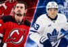 NHL News Today: Hellebuyck Debut Watch, Leafs Trade Rumors and Latest Scores Connor Hellebuyck in a New Jersey Devils jersey alongside Toronto Maple Leafs forward Easton Cowan in a split image highlighting the latest NHL news, NHL trade rumors and October 27, 2026 updates.