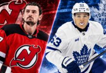 NHL News Today: Hellebuyck Debut Watch, Leafs Trade Rumors and Latest Scores Connor Hellebuyck in a New Jersey Devils jersey alongside Toronto Maple Leafs forward Easton Cowan in a split image highlighting the latest NHL news, NHL trade rumors and October 27, 2026 updates.