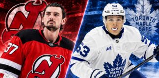 Connor Hellebuyck in a New Jersey Devils jersey alongside Toronto Maple Leafs forward Easton Cowan in a split image highlighting the latest NHL news, NHL trade rumors and October 27, 2026 updates.