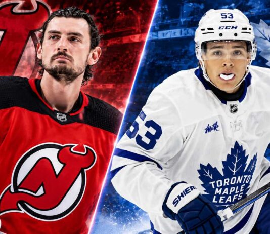 Connor Hellebuyck in a New Jersey Devils jersey alongside Toronto Maple Leafs forward Easton Cowan in a split image highlighting the latest NHL news, NHL trade rumors and October 27, 2026 updates.