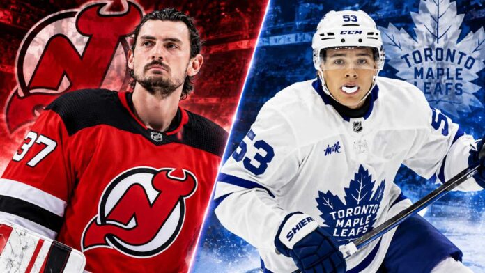 Connor Hellebuyck in a New Jersey Devils jersey alongside Toronto Maple Leafs forward Easton Cowan in a split image highlighting the latest NHL news, NHL trade rumors and October 27, 2026 updates.