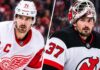 NHL News October 28: Hellebuyck Shines for Devils, Larkin Trade Buzz Grows and NHL Scores Dylan Larkin in a Detroit Red Wings jersey alongside Connor Hellebuyck in a New Jersey Devils jersey, highlighting the latest NHL news, Larkin trade rumors and Hellebuyck's Devils debut on October 28, 2026.