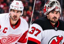 NHL News October 28: Hellebuyck Shines for Devils, Larkin Trade Buzz Grows and NHL Scores Dylan Larkin in a Detroit Red Wings jersey alongside Connor Hellebuyck in a New Jersey Devils jersey, highlighting the latest NHL news, Larkin trade rumors and Hellebuyck's Devils debut on October 28, 2026.