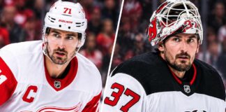 Dylan Larkin in a Detroit Red Wings jersey alongside Connor Hellebuyck in a New Jersey Devils jersey, highlighting the latest NHL news, Larkin trade rumors and Hellebuyck's Devils debut on October 28, 2026.