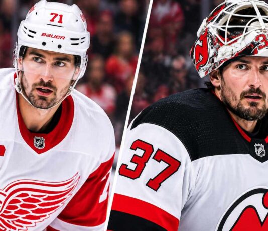 Dylan Larkin in a Detroit Red Wings jersey alongside Connor Hellebuyck in a New Jersey Devils jersey, highlighting the latest NHL news, Larkin trade rumors and Hellebuyck's Devils debut on October 28, 2026.