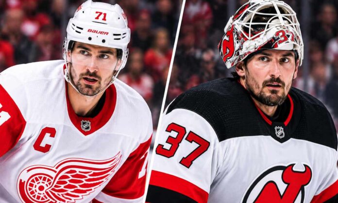 nhl-news-rumors-scores-oct-28-2026 Dylan Larkin in a Detroit Red Wings jersey alongside Connor Hellebuyck in a New Jersey Devils jersey, highlighting the latest NHL news, Larkin trade rumors and Hellebuyck's Devils debut on October 28, 2026.