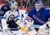 NHL News and NHL Rumors and NHL Scores: Rangers Face Goalie Crisis After Shesterkin Injury Connor Hellebuyck of the Winnipeg Jets and Igor Shesterkin of the New York Rangers in a split image as Shesterkin's season-ending injury sparks NHL trade rumors about a potential blockbuster goalie deal.