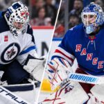 NHL News and NHL Rumors and NHL Scores: Rangers Face Goalie Crisis After Shesterkin Injury Connor Hellebuyck of the Winnipeg Jets and Igor Shesterkin of the New York Rangers in a split image as Shesterkin's season-ending injury sparks NHL trade rumors about a potential blockbuster goalie deal.