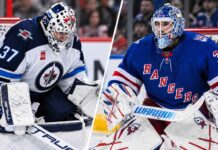 NHL News and NHL Rumors and NHL Scores: Rangers Face Goalie Crisis After Shesterkin Injury Connor Hellebuyck of the Winnipeg Jets and Igor Shesterkin of the New York Rangers in a split image as Shesterkin's season-ending injury sparks NHL trade rumors about a potential blockbuster goalie deal.