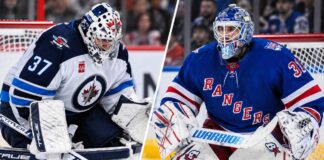 NHL News and NHL Rumors and NHL Scores: Rangers Face Goalie Crisis After Shesterkin Injury Connor Hellebuyck of the Winnipeg Jets and Igor Shesterkin of the New York Rangers in a split image as Shesterkin's season-ending injury sparks NHL trade rumors about a potential blockbuster goalie deal.