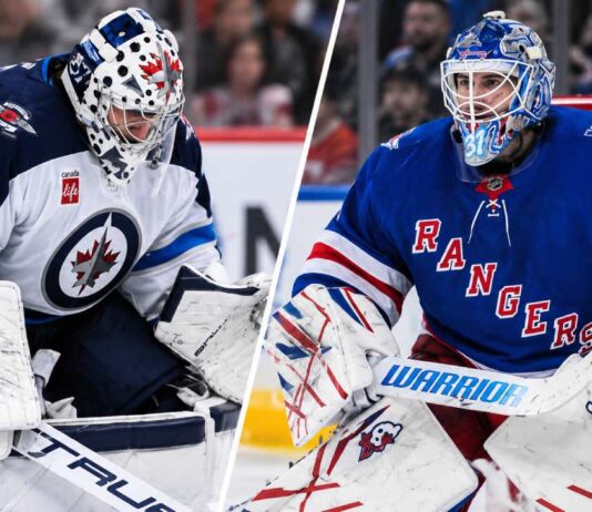 Connor Hellebuyck of the Winnipeg Jets and Igor Shesterkin of the New York Rangers in a split image as Shesterkin's season-ending injury sparks NHL trade rumors about a potential blockbuster goalie deal.