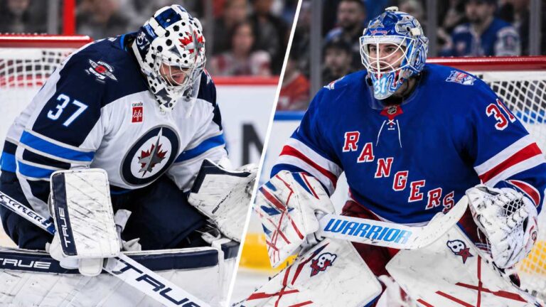 Connor Hellebuyck of the Winnipeg Jets and Igor Shesterkin of the New York Rangers in a split image as Shesterkin's season-ending injury sparks NHL trade rumors about a potential blockbuster goalie deal.