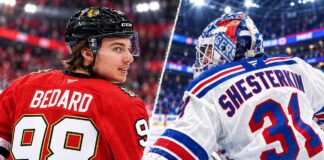 Connor Bedard in his Chicago Blackhawks jersey and Igor Shesterkin in New York Rangers goalie equipment headline NHL news and trade rumors for October 13, 2026.