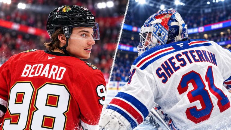 Connor Bedard in his Chicago Blackhawks jersey and Igor Shesterkin in New York Rangers goalie equipment headline NHL news and trade rumors for October 13, 2026.