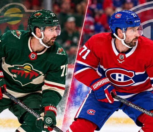 Dylan Larkin pictured in Minnesota Wild and Montreal Canadiens jerseys in a split image highlighting NHL trade rumors surrounding the Detroit Red Wings captain.