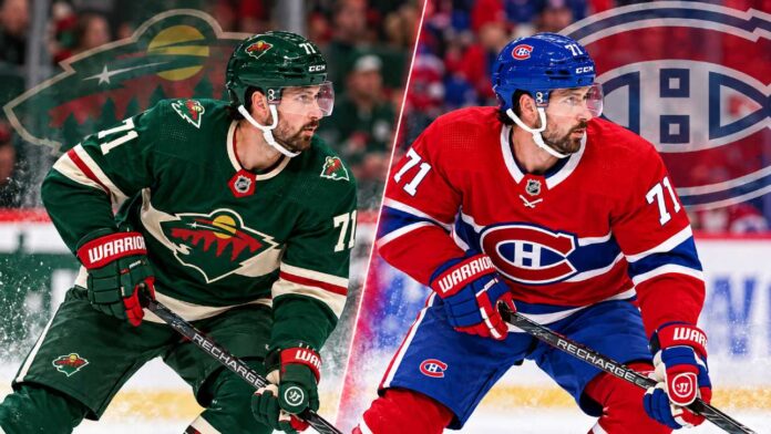 nhl-news-rumors-scores-october-14-2026 Dylan Larkin pictured in Minnesota Wild and Montreal Canadiens jerseys in a split image highlighting NHL trade rumors surrounding the Detroit Red Wings captain.