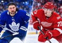 Chris Tanev of the Toronto Maple Leafs and Simon Edvinsson of the Detroit Red Wings in a split image highlighting the latest NHL news, injury updates and NHL trade rumors for October 15, 2026.
