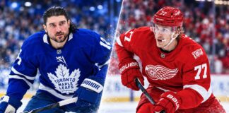 Chris Tanev of the Toronto Maple Leafs and Simon Edvinsson of the Detroit Red Wings in a split image highlighting the latest NHL news, injury updates and NHL trade rumors for October 15, 2026.