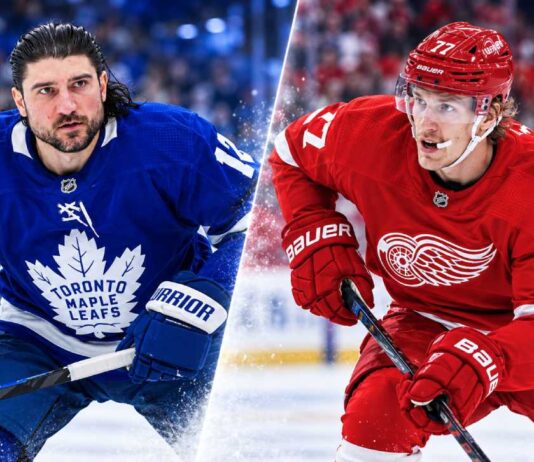 Chris Tanev of the Toronto Maple Leafs and Simon Edvinsson of the Detroit Red Wings in a split image highlighting the latest NHL news, injury updates and NHL trade rumors for October 15, 2026.