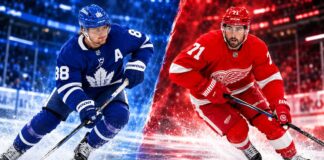 Split image of Toronto Maple Leafs forward William Nylander and Detroit Red Wings captain Dylan Larkin highlighting the latest NHL news, Maple Leafs injury concerns, and Dylan Larkin trade rumors for October 19, 2026.