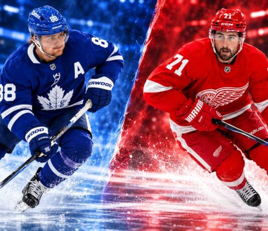 Split image of Toronto Maple Leafs forward William Nylander and Detroit Red Wings captain Dylan Larkin highlighting the latest NHL news, Maple Leafs injury concerns, and Dylan Larkin trade rumors for October 19, 2026.