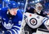 NHL News Today: McKenna Sparks Leafs, Hellebuyck Trade Deadline Looms and Flyers Shock Avalanche Gavin McKenna in a Toronto Maple Leafs home jersey alongside Connor Hellebuyck in a Winnipeg Jets uniform, highlighting the latest NHL news, NHL trade rumors and scores for October 20, 2026.