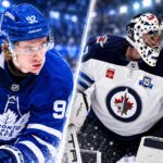 NHL News Today: McKenna Sparks Leafs, Hellebuyck Trade Deadline Looms and Flyers Shock Avalanche Gavin McKenna in a Toronto Maple Leafs home jersey alongside Connor Hellebuyck in a Winnipeg Jets uniform, highlighting the latest NHL news, NHL trade rumors and scores for October 20, 2026.