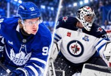 Gavin McKenna in a Toronto Maple Leafs home jersey alongside Connor Hellebuyck in a Winnipeg Jets uniform, highlighting the latest NHL news, NHL trade rumors and scores for October 20, 2026.