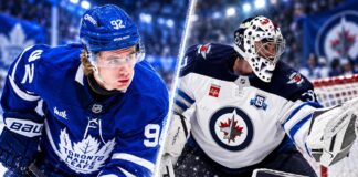 Gavin McKenna in a Toronto Maple Leafs home jersey alongside Connor Hellebuyck in a Winnipeg Jets uniform, highlighting the latest NHL news, NHL trade rumors and scores for October 20, 2026.