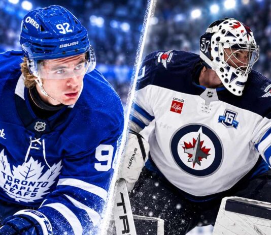 Gavin McKenna in a Toronto Maple Leafs home jersey alongside Connor Hellebuyck in a Winnipeg Jets uniform, highlighting the latest NHL news, NHL trade rumors and scores for October 20, 2026.