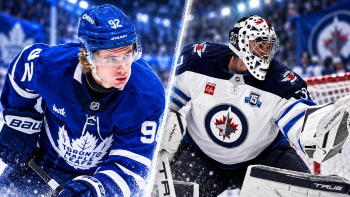 nhl-news-rumors-scores-october-20-2026 Gavin McKenna in a Toronto Maple Leafs home jersey alongside Connor Hellebuyck in a Winnipeg Jets uniform, highlighting the latest NHL news, NHL trade rumors and scores for October 20, 2026.