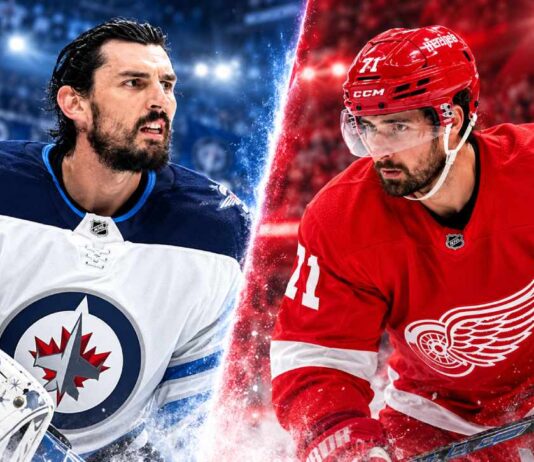 Connor Hellebuyck of the Winnipeg Jets and Dylan Larkin of the Detroit Red Wings featured in a split image highlighting the latest NHL news and trade rumors for October 21, 2026, as Hellebuyck's deadline approaches and Larkin expands his list of potential trade destinations.