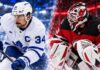Split image of Toronto Maple Leafs captain Auston Matthews wearing his white No. 34 jersey and Connor Hellebuyck in New Jersey Devils goalie equipment, highlighting the latest NHL news, Hellebuyck trade and Maple Leafs' 7–2 victory over the Edmonton Oilers on October 24, 2026.