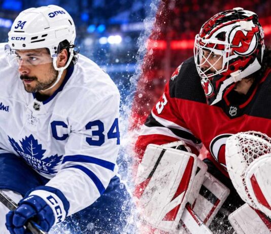 Split image of Toronto Maple Leafs captain Auston Matthews wearing his white No. 34 jersey and Connor Hellebuyck in New Jersey Devils goalie equipment, highlighting the latest NHL news, Hellebuyck trade and Maple Leafs' 7–2 victory over the Edmonton Oilers on October 24, 2026.