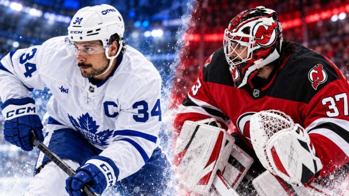 nhl-news-rumors-scores-october-25-2026 Split image of Toronto Maple Leafs captain Auston Matthews wearing his white No. 34 jersey and Connor Hellebuyck in New Jersey Devils goalie equipment, highlighting the latest NHL news, Hellebuyck trade and Maple Leafs' 7–2 victory over the Edmonton Oilers on October 24, 2026.