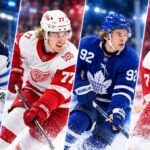 NHL News and Rumors Today: Maple Leafs Collapse, Canadiens Stumble and Trade Buzz Builds Four-way split image featuring Gavin McKenna of the Toronto Maple Leafs, Dylan Larkin and Simon Edvinsson of the Detroit Red Wings, and Connor Hellebuyck of the Winnipeg Jets, highlighting the latest NHL news, trade rumors and scores for October 9, 2026.