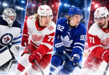 NHL News and Rumors Today: Maple Leafs Collapse, Canadiens Stumble and Trade Buzz Builds Four-way split image featuring Gavin McKenna of the Toronto Maple Leafs, Dylan Larkin and Simon Edvinsson of the Detroit Red Wings, and Connor Hellebuyck of the Winnipeg Jets, highlighting the latest NHL news, trade rumors and scores for October 9, 2026.