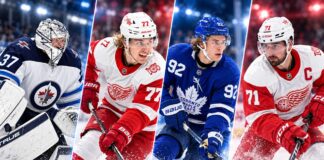 Four-way split image featuring Gavin McKenna of the Toronto Maple Leafs, Dylan Larkin and Simon Edvinsson of the Detroit Red Wings, and Connor Hellebuyck of the Winnipeg Jets, highlighting the latest NHL news, trade rumors and scores for October 9, 2026.