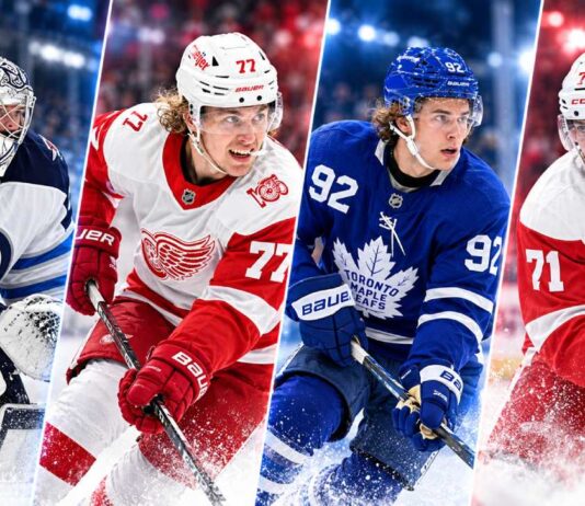 Four-way split image featuring Gavin McKenna of the Toronto Maple Leafs, Dylan Larkin and Simon Edvinsson of the Detroit Red Wings, and Connor Hellebuyck of the Winnipeg Jets, highlighting the latest NHL news, trade rumors and scores for October 9, 2026.