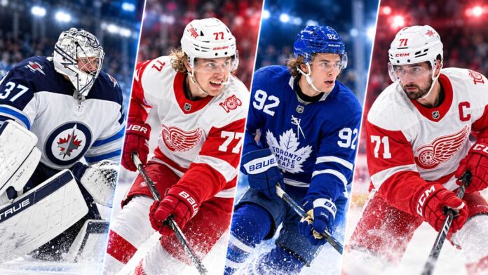 Four-way split image featuring Gavin McKenna of the Toronto Maple Leafs, Dylan Larkin and Simon Edvinsson of the Detroit Red Wings, and Connor Hellebuyck of the Winnipeg Jets, highlighting the latest NHL news, trade rumors and scores for October 9, 2026.